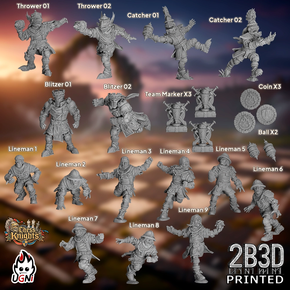 Static product image of the Chess Knights full team with extras, a complete set of 32mm high-detail resin fantasy football miniatures and accessories by Ugni Miniatures printed by 2B3D.