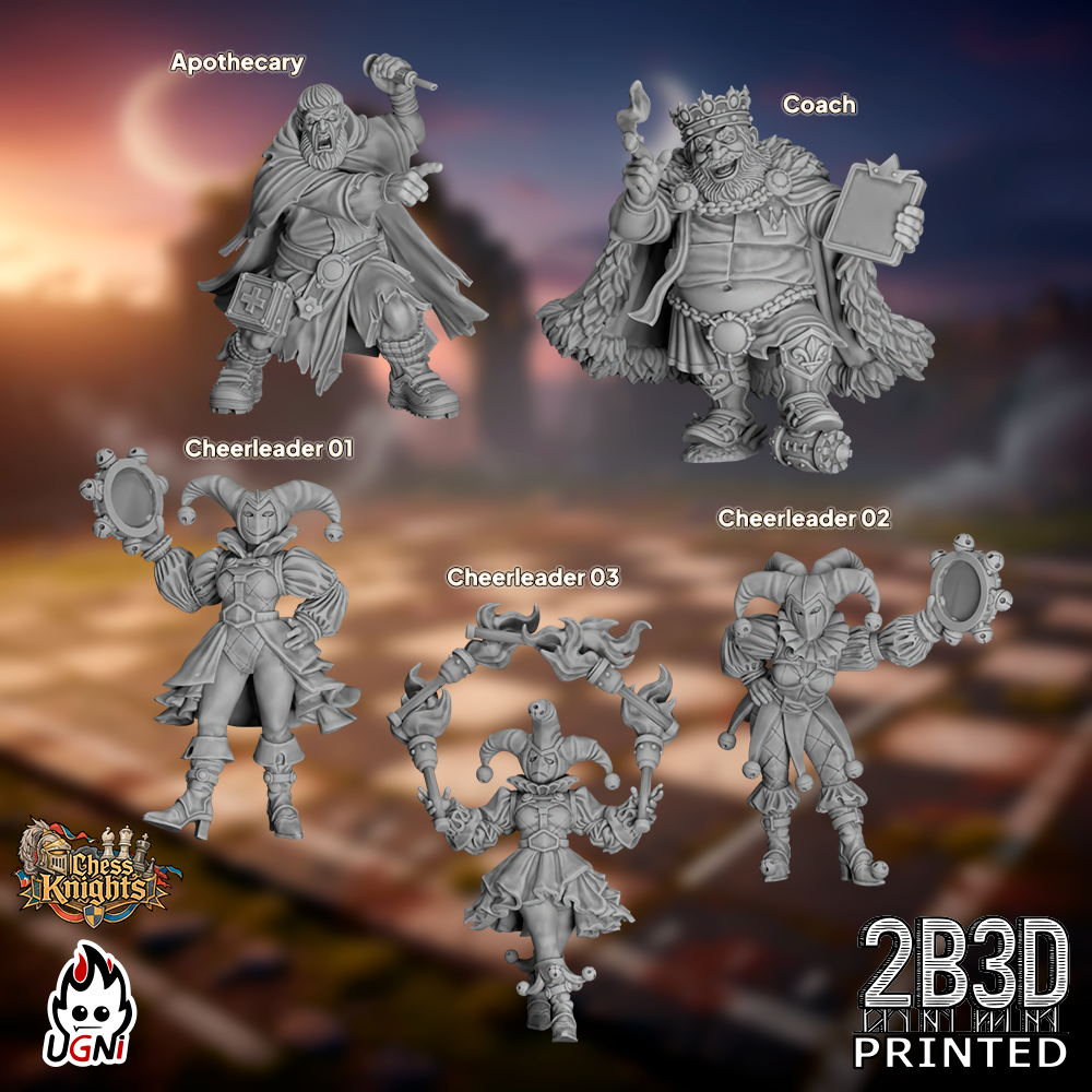Static product image of the Chess Knights Team Extras pack, high-detail resin fantasy football accessories by Ugni Miniatures printed by 2B3D, including game tokens and markers for the human team.