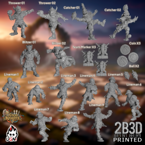 Static product image of the Chess Knights full team, a complete set of 32mm high-detail resin fantasy football miniatures by Ugni Miniatures printed by 2B3D, showing all players of the human team together.
