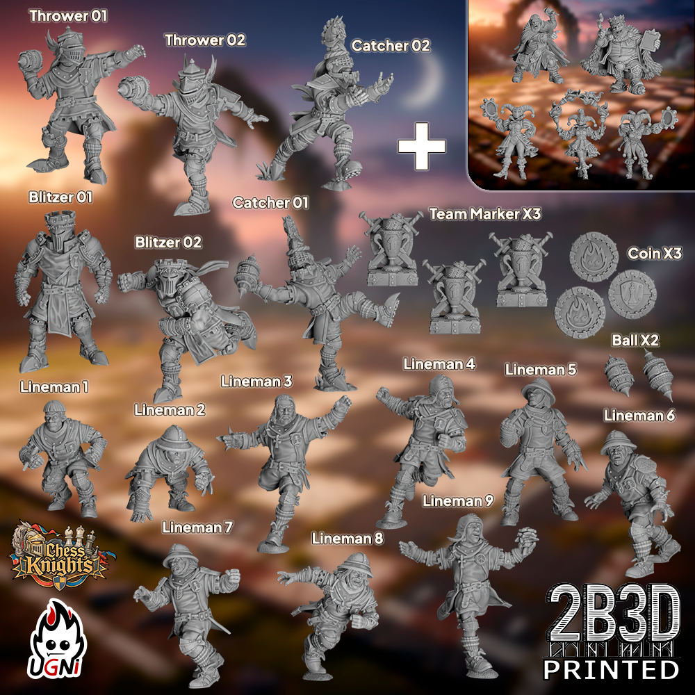 Static product image of the Chess Knights full team with extras, a complete set of 32mm high-detail resin fantasy football miniatures and accessories by Ugni Miniatures printed by 2B3D.