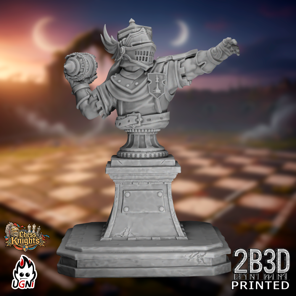 Static product image of the Chess Knights Thrower Bust with big base, a high-detail resin bust miniature by Ugni Miniatures printed by 2B3D, mounted on a large display base for shelf presentation.